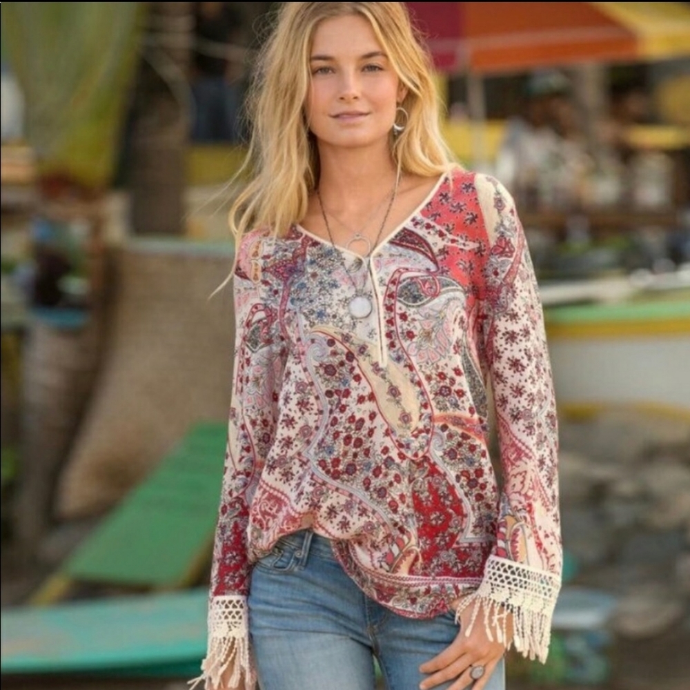 Sundance Terrazzo Paisley Boho Crochet Fringe Blouse